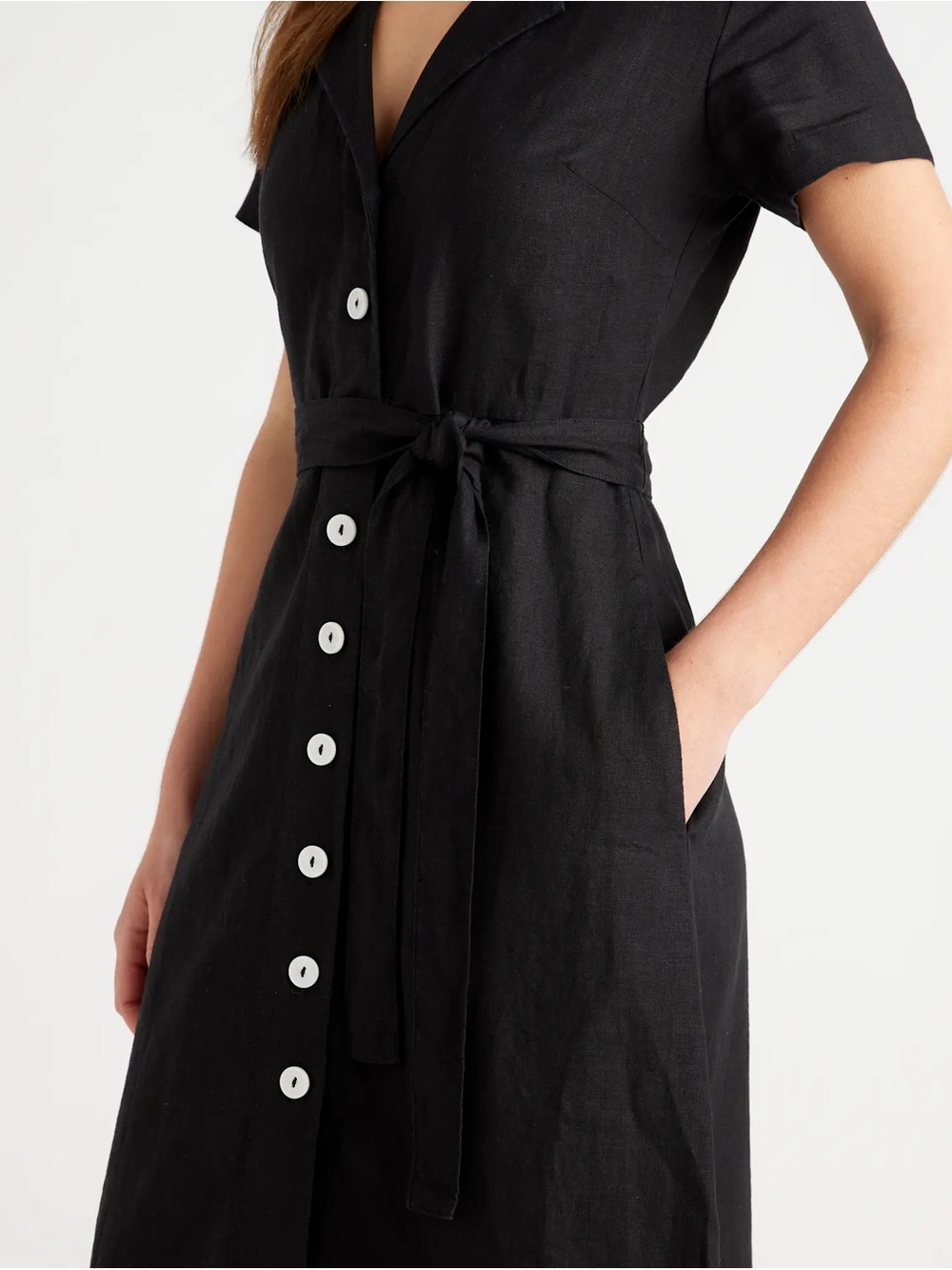 Quince Black Button-Front Tie-Waist Midi Dress